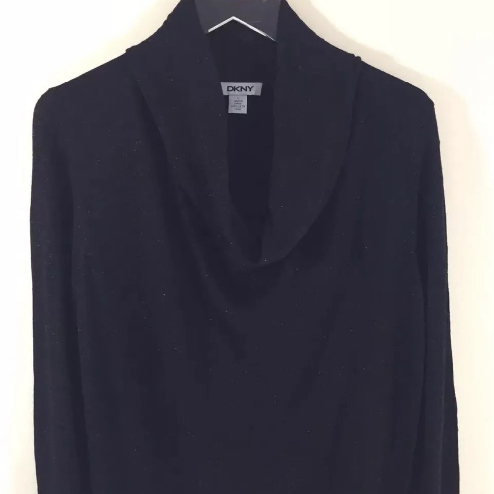 DKNY Women Cowl Neck Sweater Metallic Black Silver Large Long Sleeve
